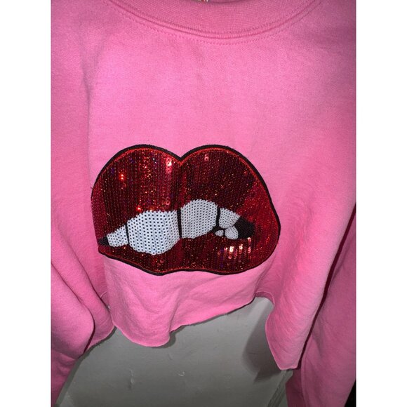 Sequin Lips Pink Cropped Sweatshirt Custom Made Size Large Y2K Sexy - Picture 3 of 6